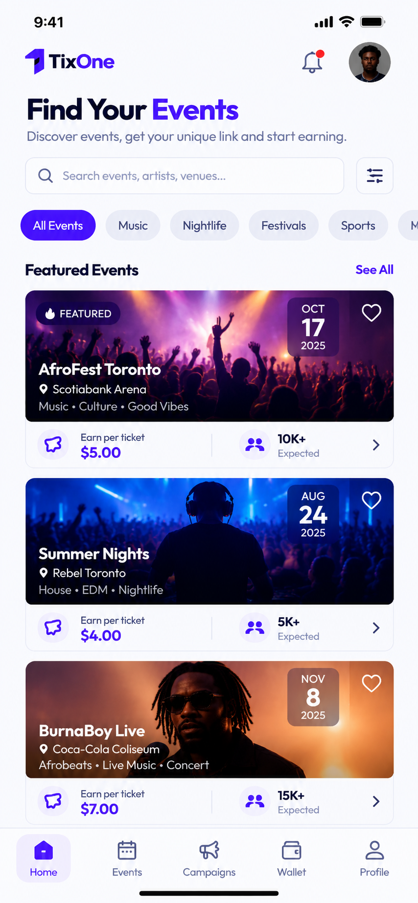 TixOne promoter app showing events available to promote