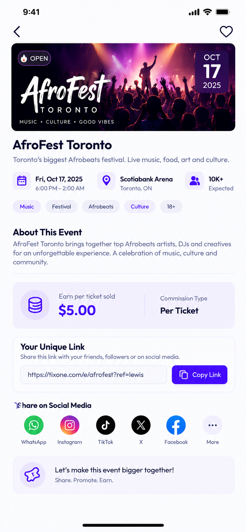 TixOne promoter event detail showing commission and unique sharing link