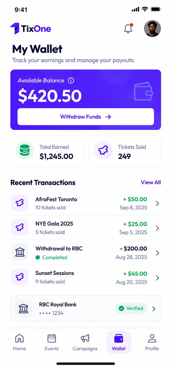 TixOne My Wallet screen showing available balance, recent commission earnings and payout details